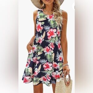 🆕 Women Beach Floral Tshirt Sundress Casual Pockets Boho Tank Dress M